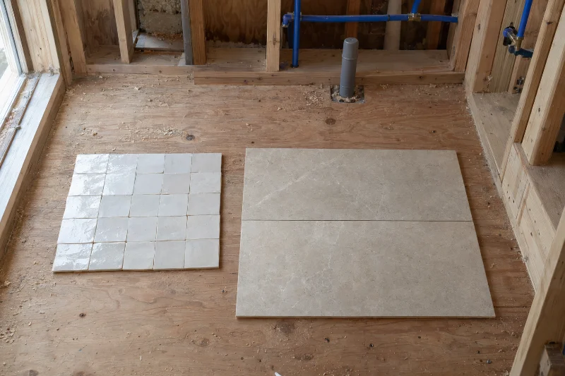 The architect's photo of the two tile samples on the guest bath subfloor: white zellige on the left, honed limestone on the right.