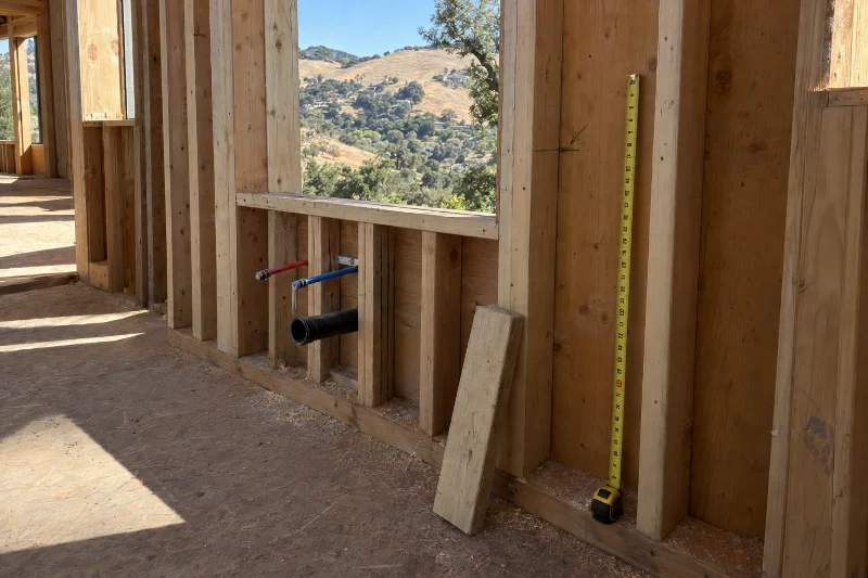 The primary bath wall framed, with a tape measure up a stud and pencil marks where the floating vanity's drains go.